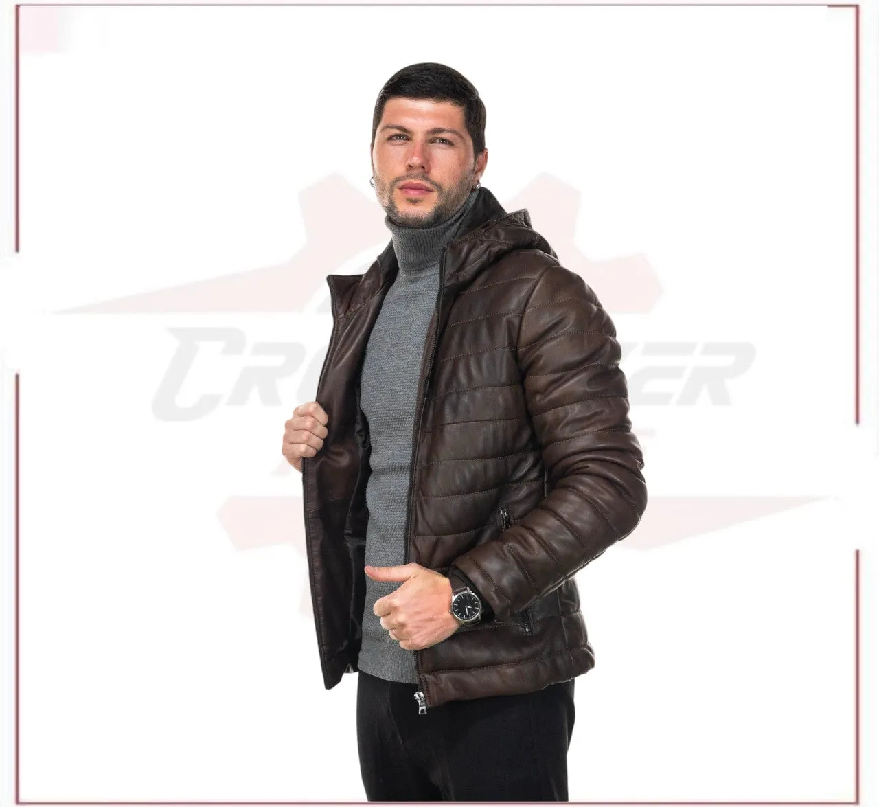 Rio - Men's Down Jacket in Genuine Dark Brown Leather