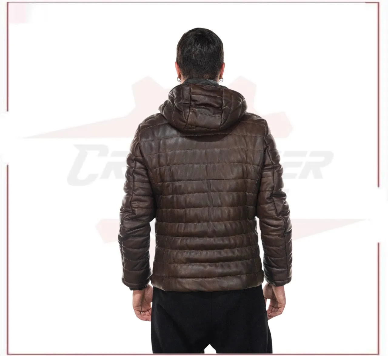 Rio - Men's Down Jacket in Genuine Dark Brown Leather