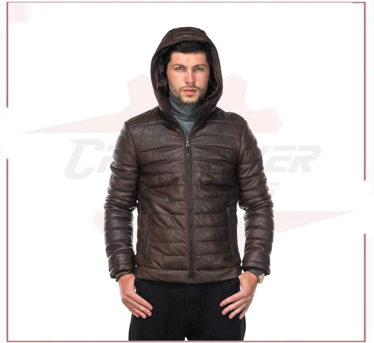 Rio - Men's Down Jacket in Genuine Dark Brown Leather