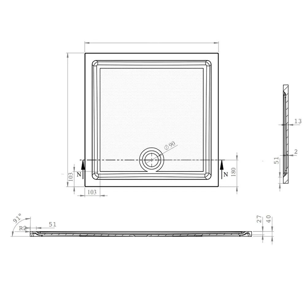 Roman Stone Solid Surface Anti Slip Shower Tray - 800 x 800 x 40mm