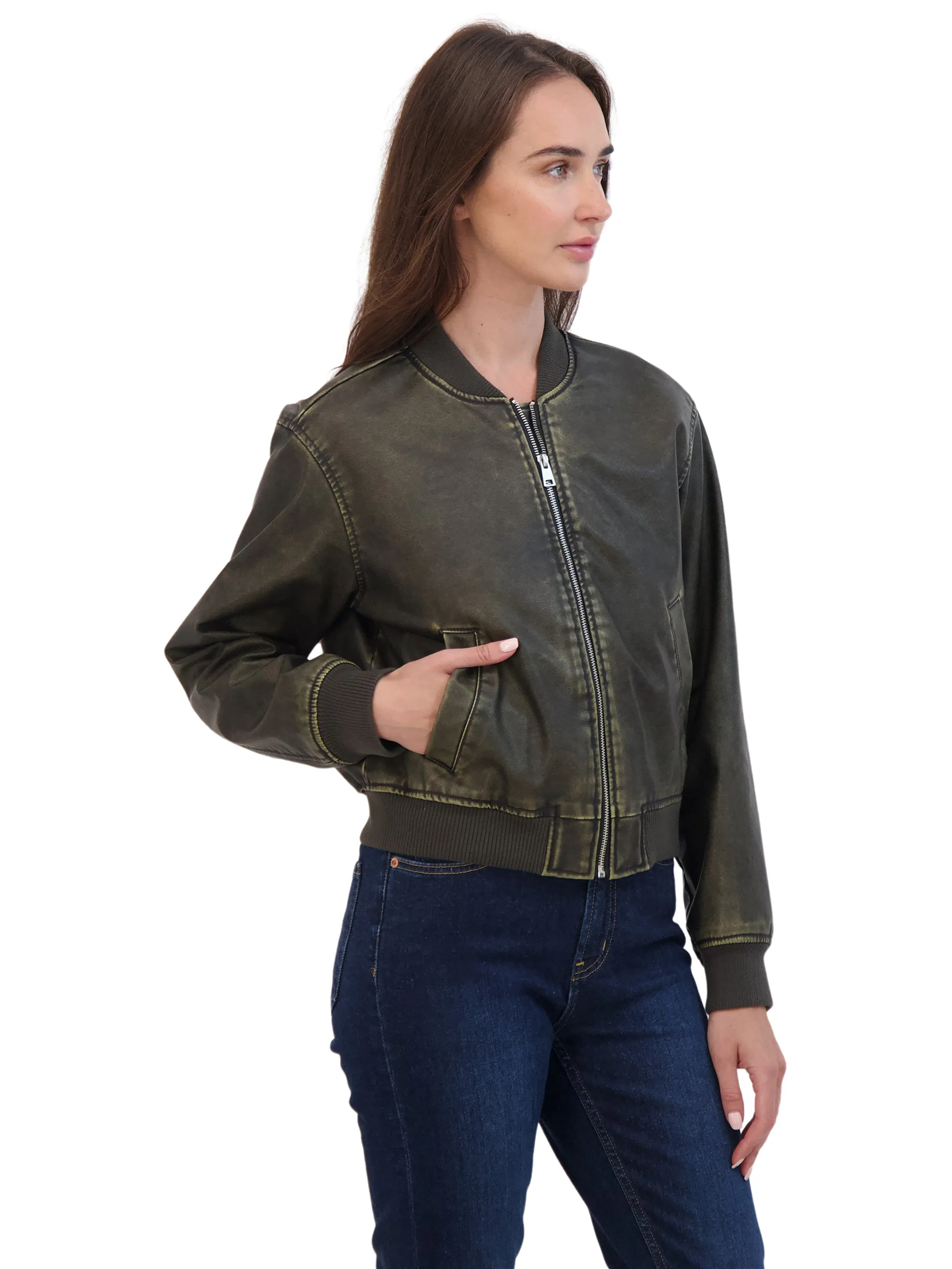 Sebby Collection Women's Distressed Faux Leather Bomber