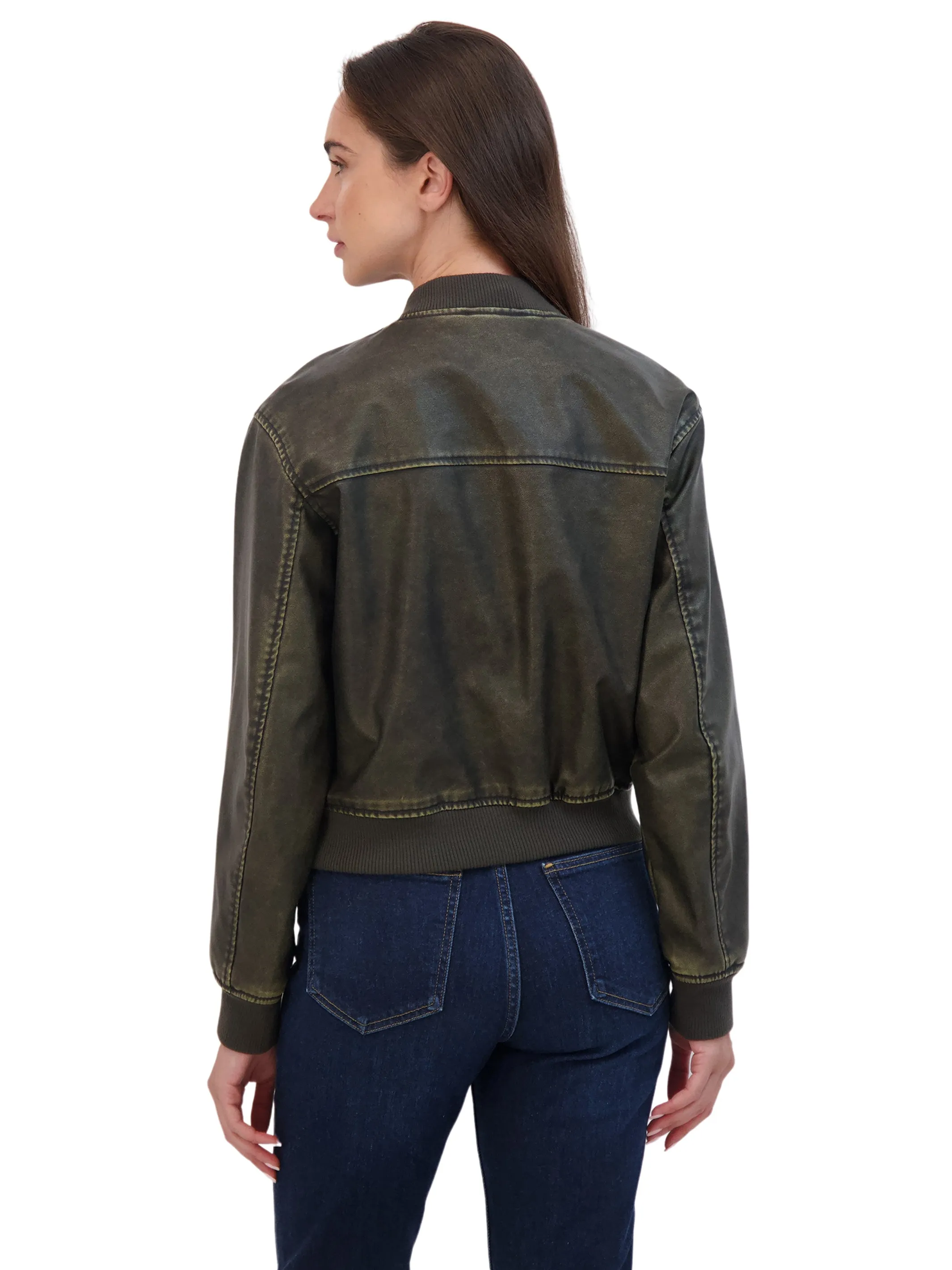 Sebby Collection Women's Distressed Faux Leather Bomber