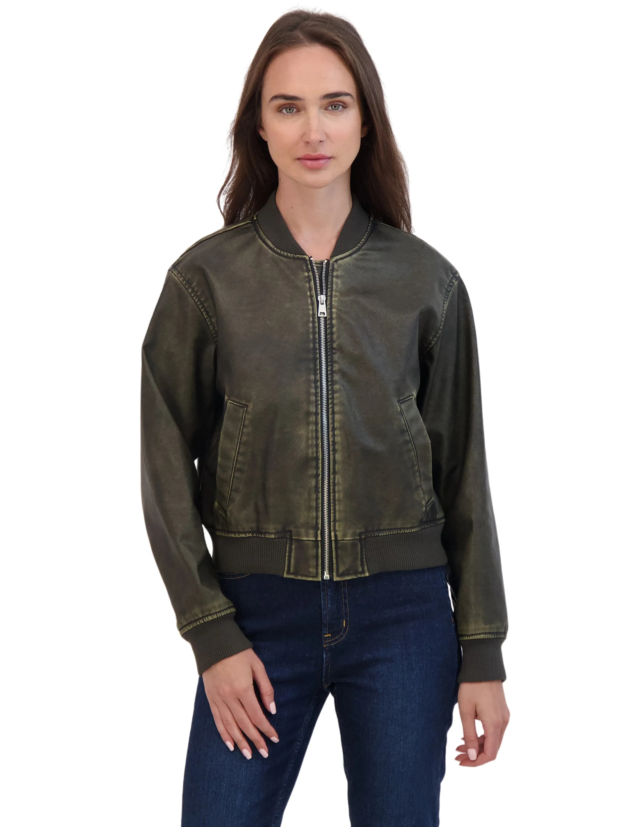 Sebby Collection Women's Distressed Faux Leather Bomber