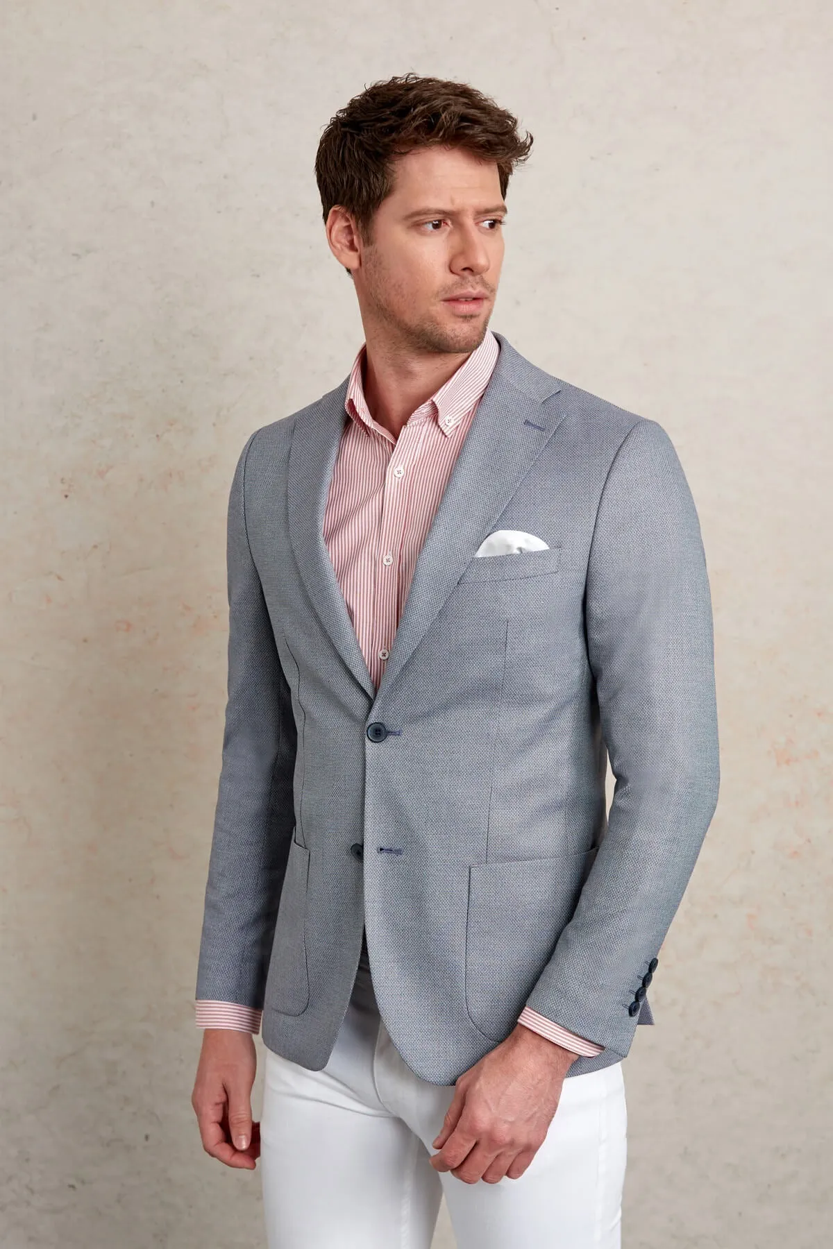 Slim Fit Notch Lapel Light Blue Casual Blazer