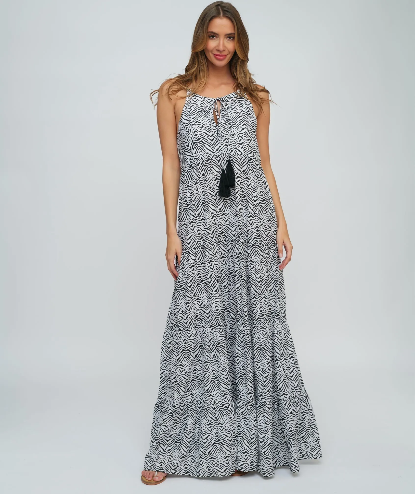 Slip-On Black White Maxi Dress with Adjustable Straps