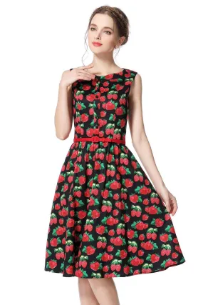 Strawberry Buttoned Boat Neck Vintage Swing Dress