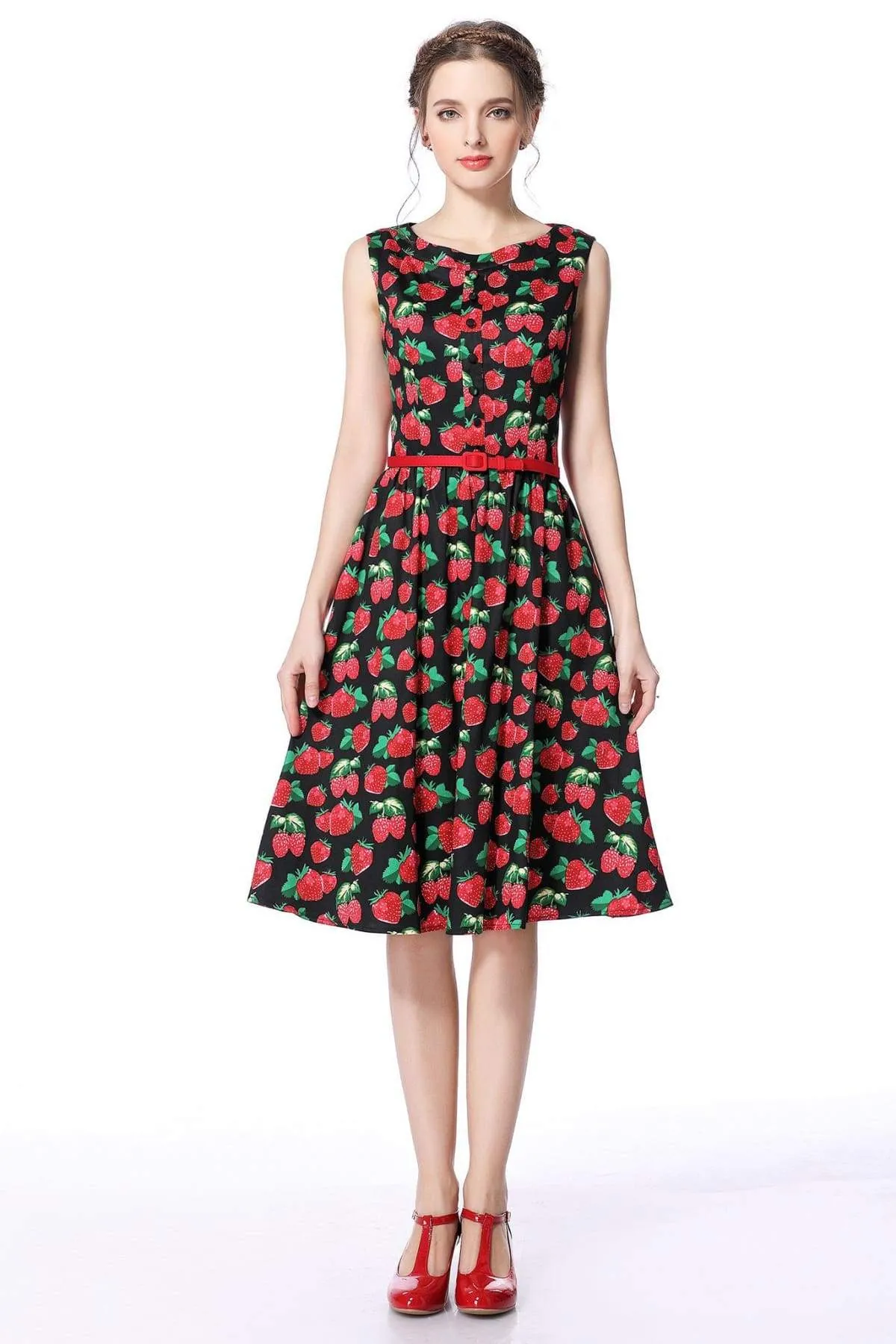 Strawberry Buttoned Boat Neck Vintage Swing Dress