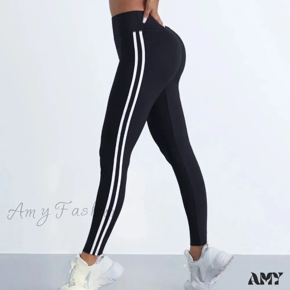 Striped Slim Sports Pants High Waist Hip Lifting Casual Tights Workout Running Stretchy Leggings