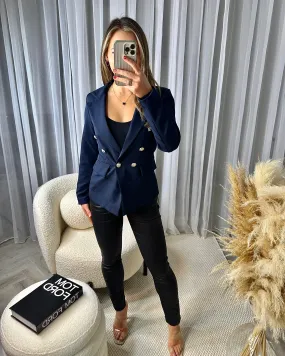 Thea Fitted Gold Button Blazer - Navy