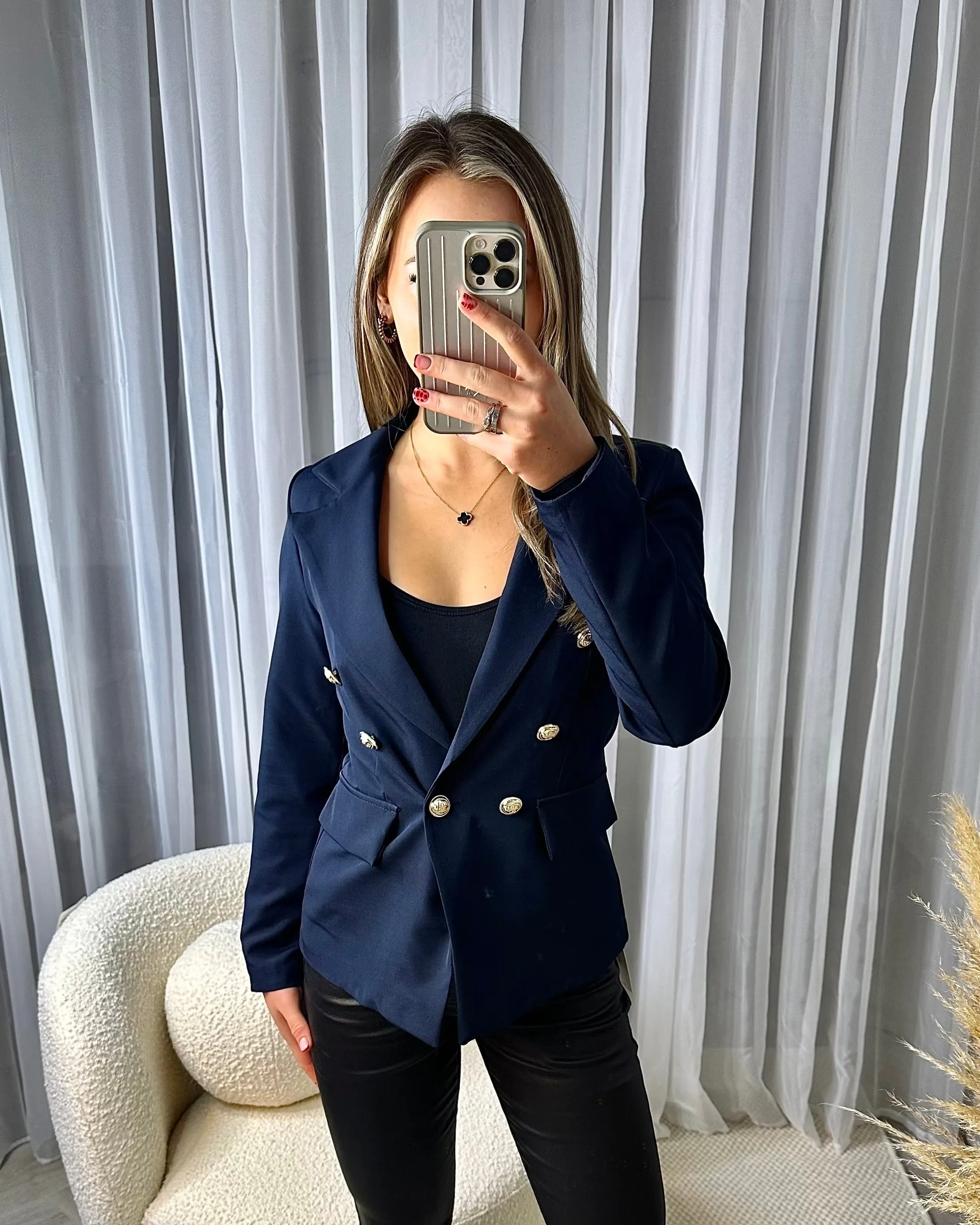 Thea Fitted Gold Button Blazer - Navy