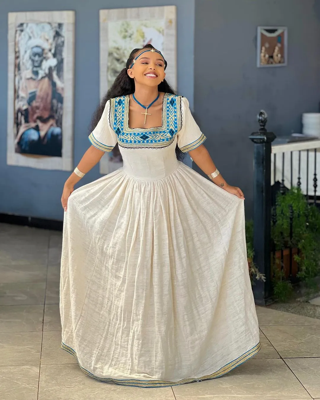 Timeless Elegance: Blue Simplicity in Habesha Kemis - Ethiopian Dress