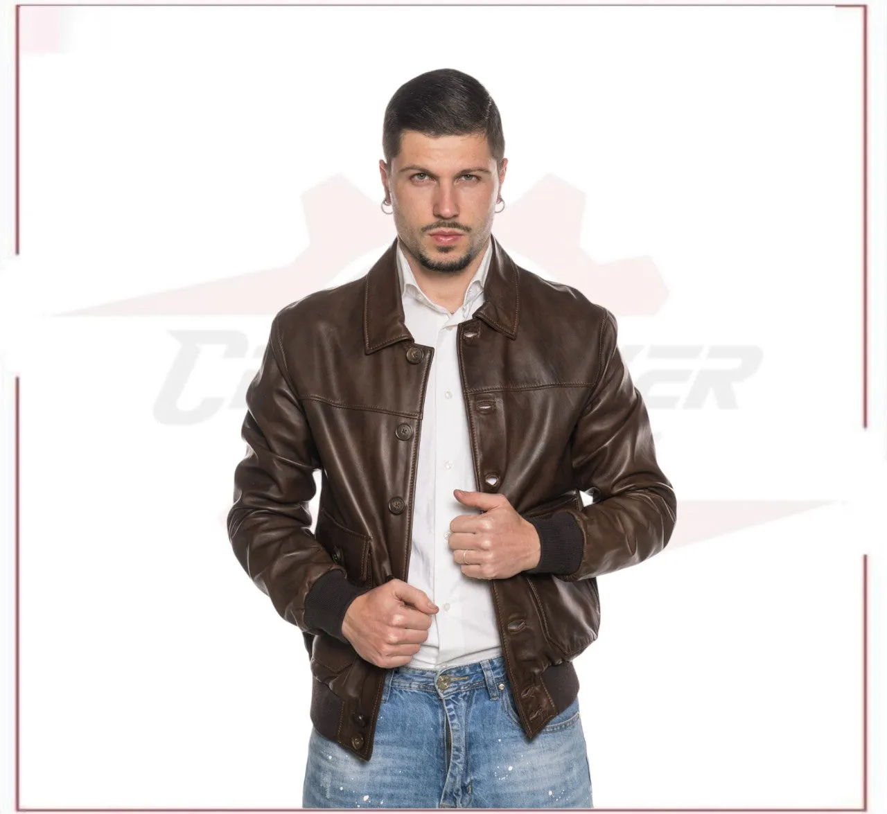 U03 - Men's Bomber Jacket in Genuine Dark Brown Leather