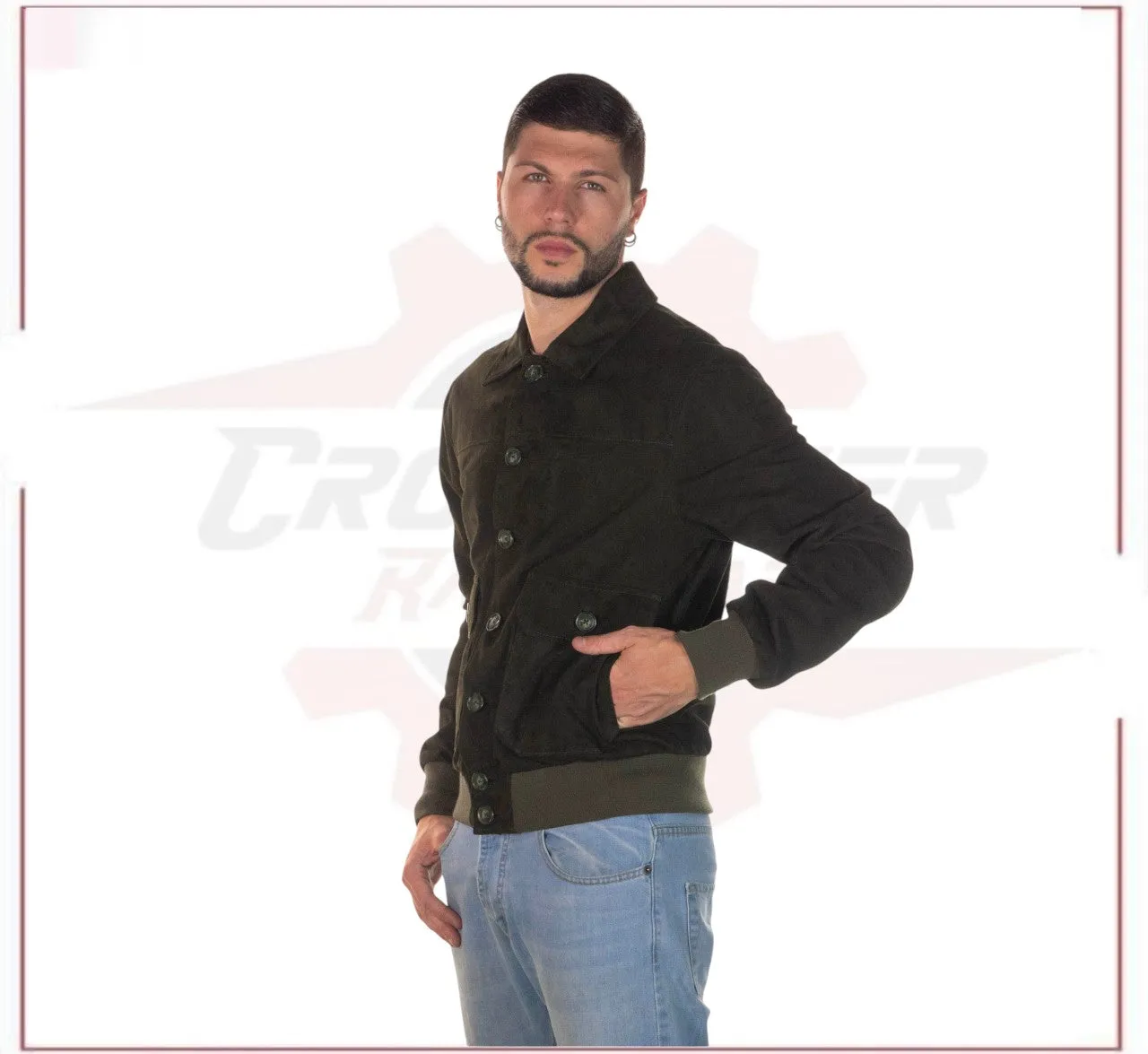 U03 - Men's Bomber Jacket in Genuine Green Suede Leather