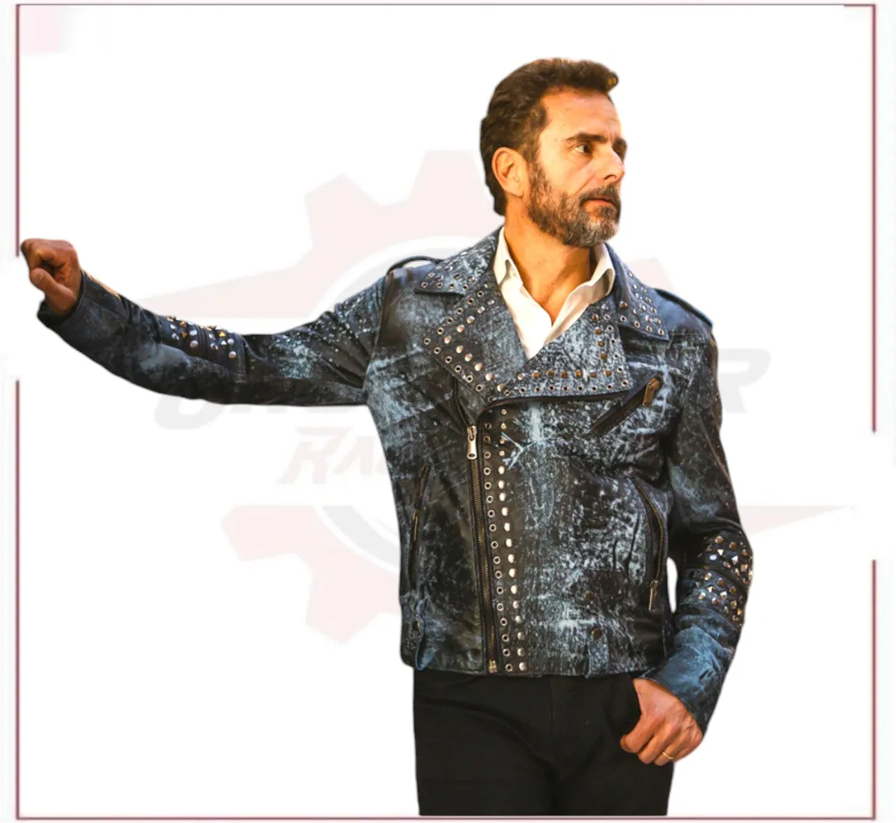 Vasco - Men's Studded Jacket in Genuine Blue Leather