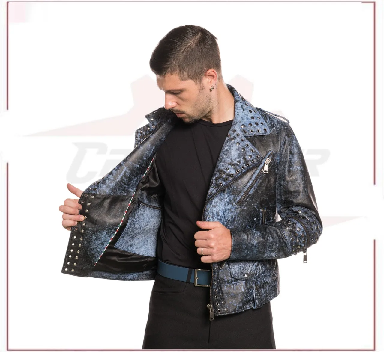 Vasco - Men's Studded Jacket in Genuine Blue Leather