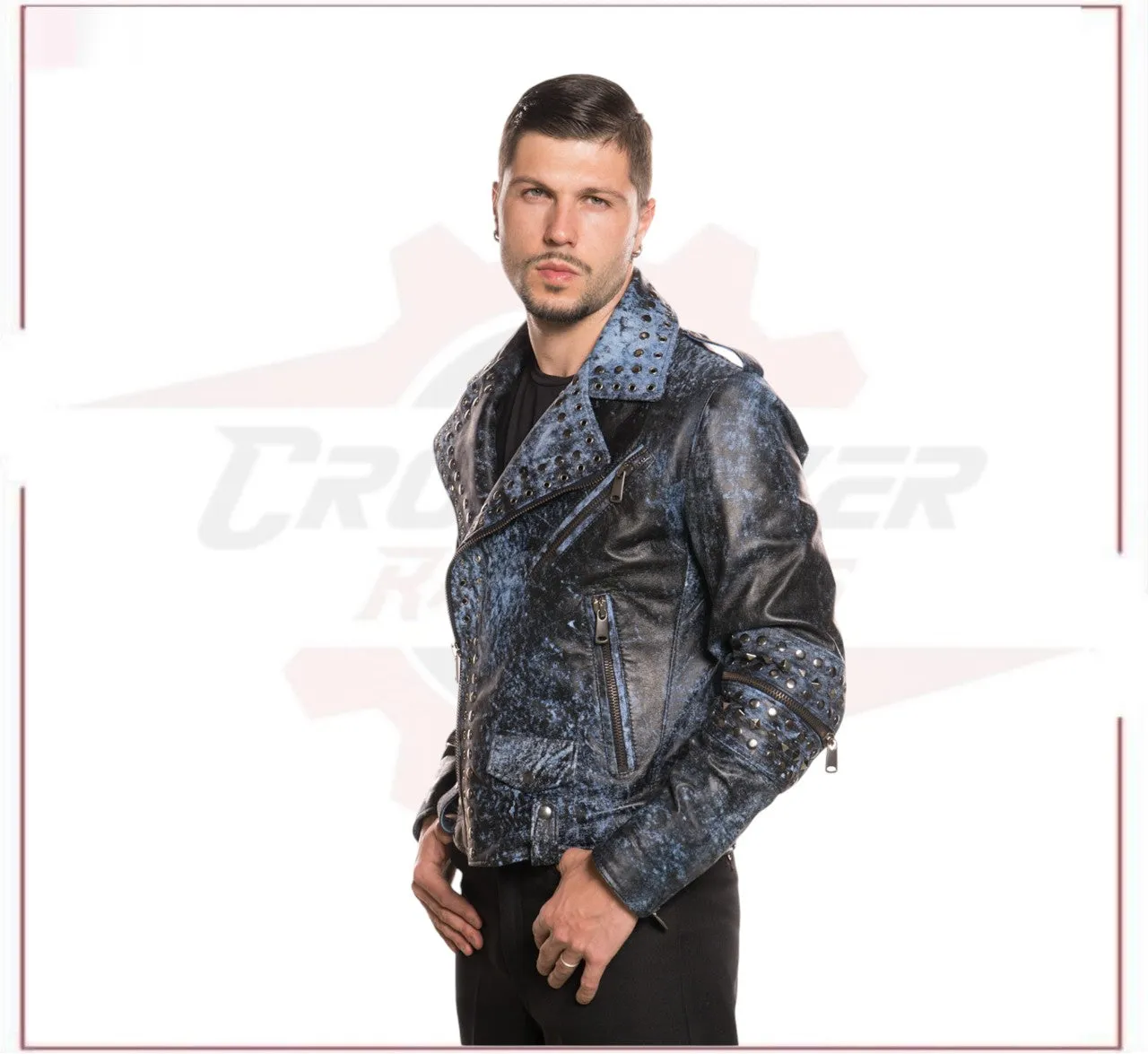 Vasco - Men's Studded Jacket in Genuine Blue Leather