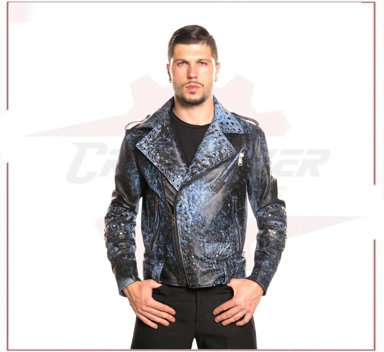 Vasco - Men's Studded Jacket in Genuine Blue Leather