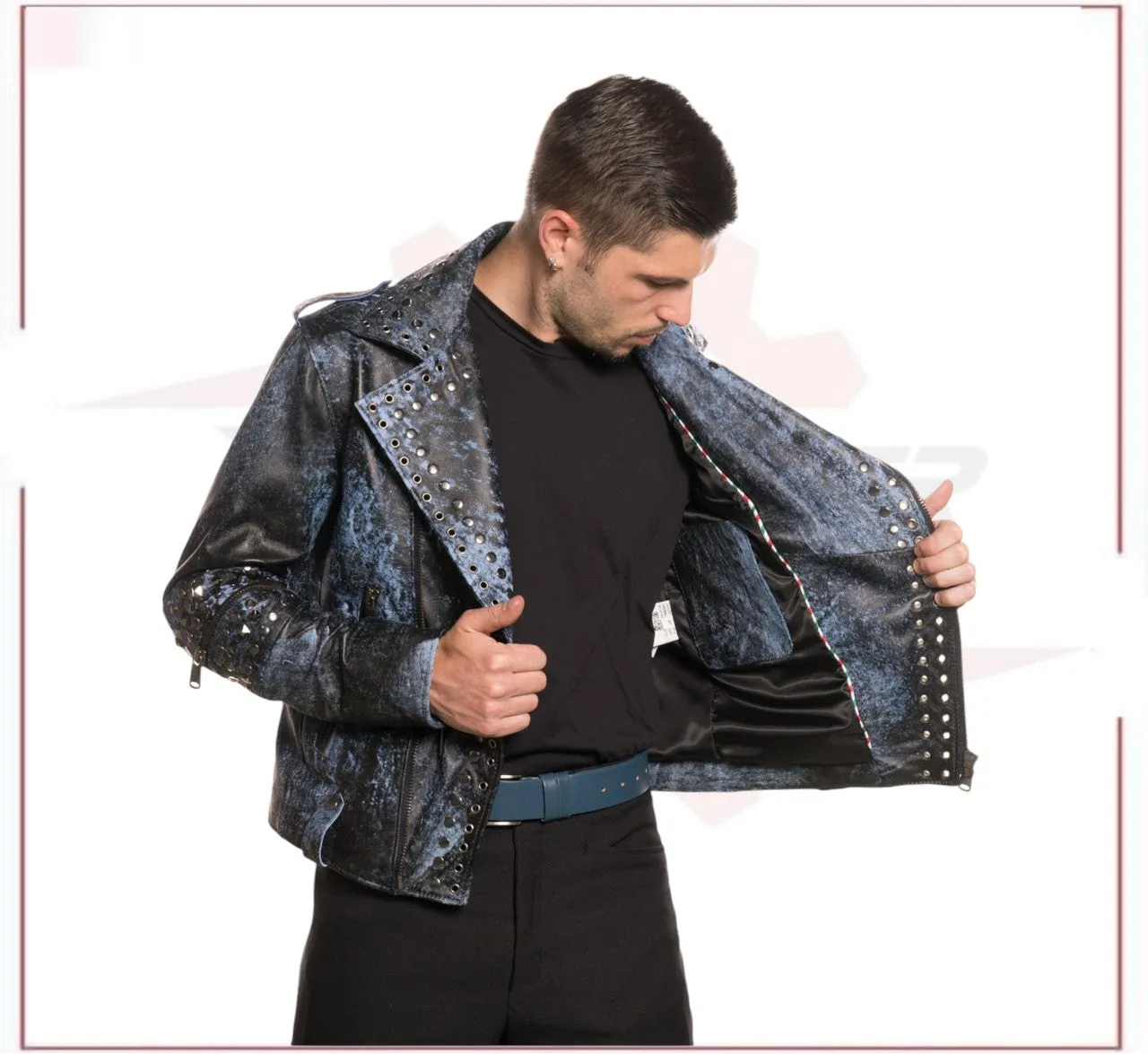 Vasco - Men's Studded Jacket in Genuine Blue Leather