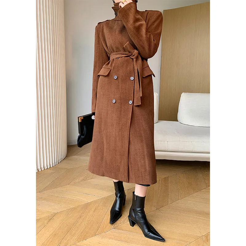 WANXO coffee color stand collar corduroy coat new loose medium and long woolen coat- Sala