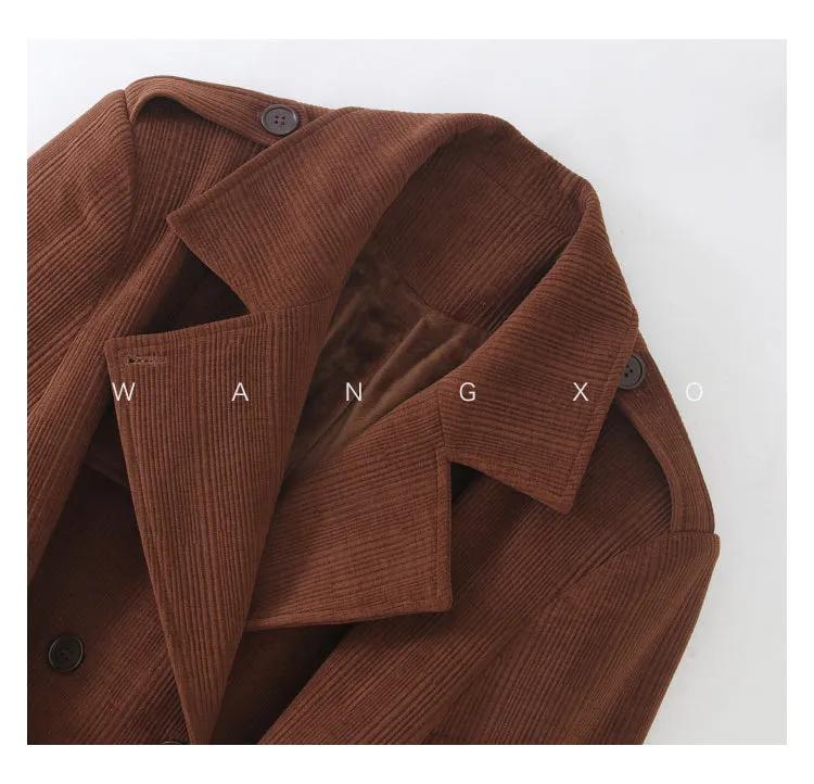 WANXO coffee color stand collar corduroy coat new loose medium and long woolen coat- Sala