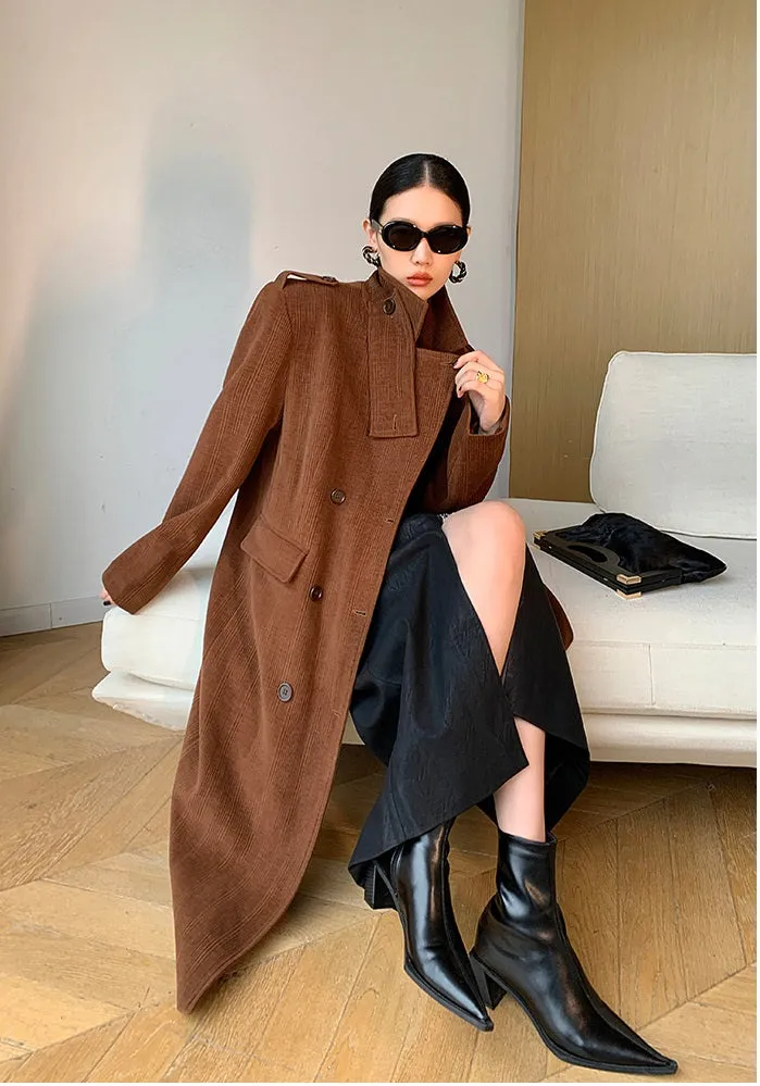 WANXO coffee color stand collar corduroy coat new loose medium and long woolen coat- Sala