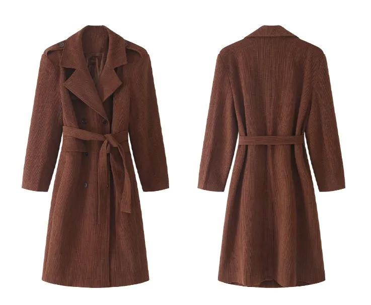 WANXO coffee color stand collar corduroy coat new loose medium and long woolen coat- Sala