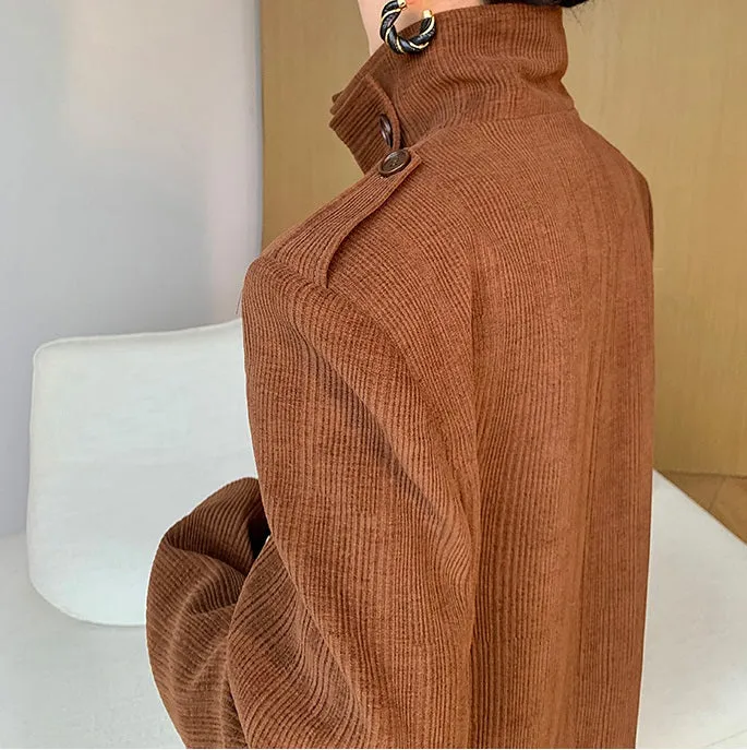 WANXO coffee color stand collar corduroy coat new loose medium and long woolen coat- Sala