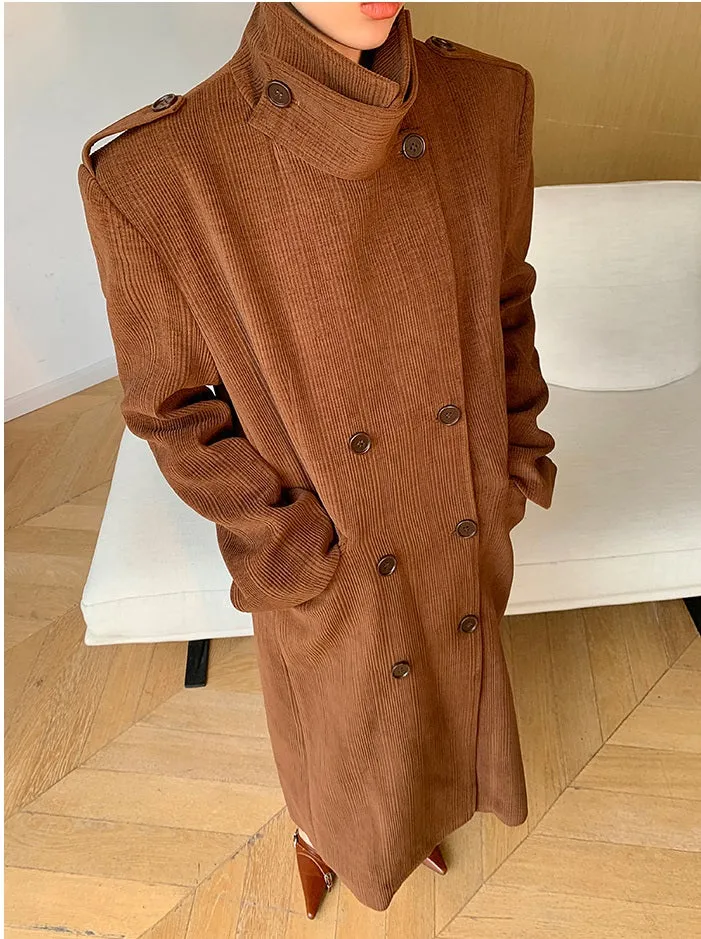 WANXO coffee color stand collar corduroy coat new loose medium and long woolen coat- Sala