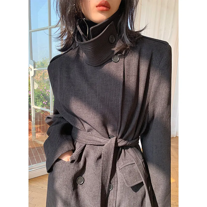 WANXO coffee color stand collar corduroy coat new loose medium and long woolen coat- Sala