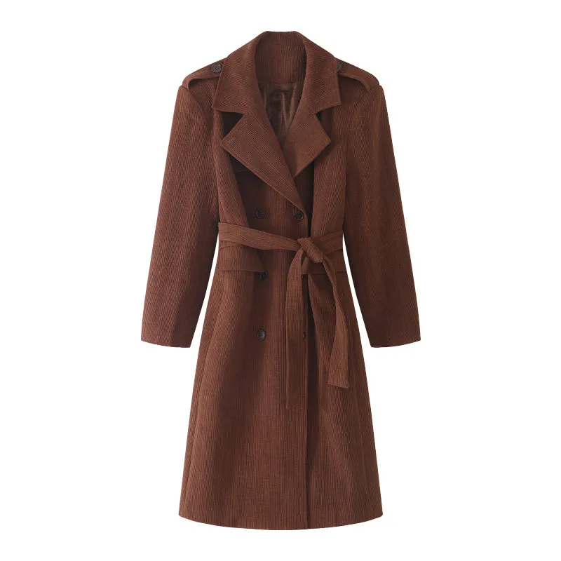 WANXO coffee color stand collar corduroy coat new loose medium and long woolen coat- Sala