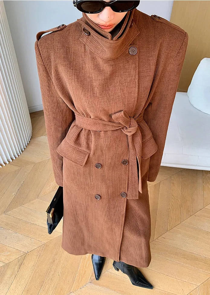 WANXO coffee color stand collar corduroy coat new loose medium and long woolen coat- Sala