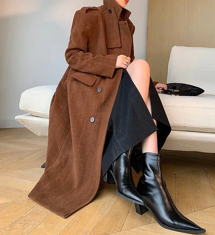 WANXO coffee color stand collar corduroy coat new loose medium and long woolen coat- Sala