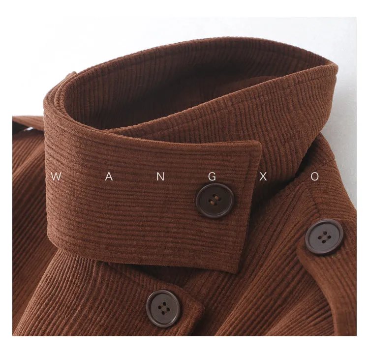 WANXO coffee color stand collar corduroy coat new loose medium and long woolen coat- Sala