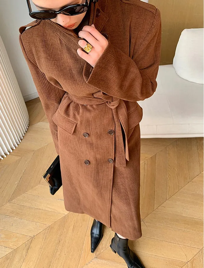 WANXO coffee color stand collar corduroy coat new loose medium and long woolen coat- Sala