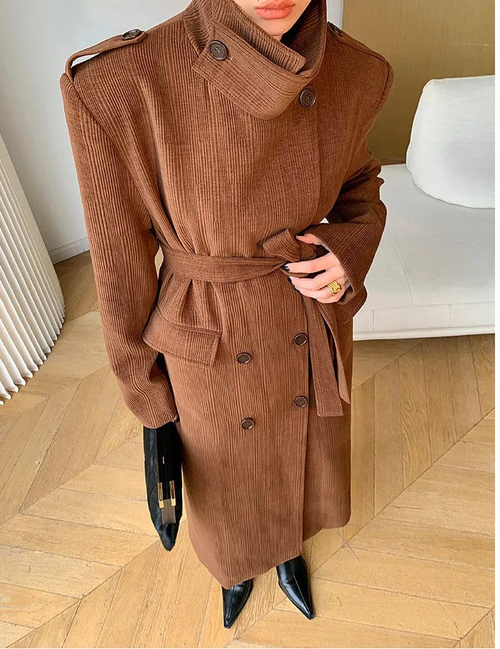 WANXO coffee color stand collar corduroy coat new loose medium and long woolen coat- Sala