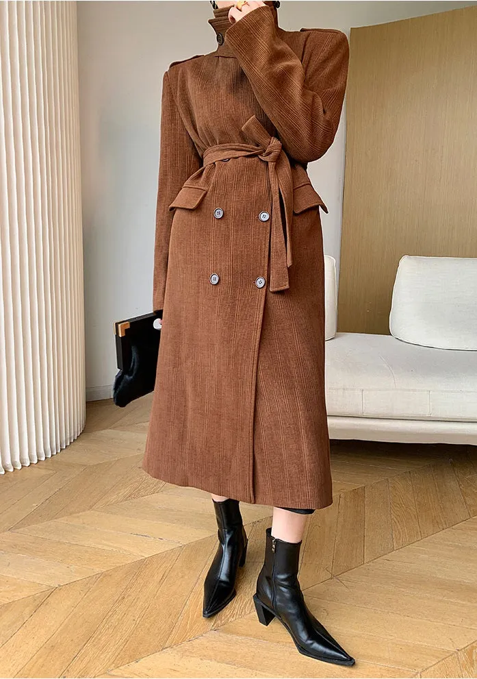 WANXO coffee color stand collar corduroy coat new loose medium and long woolen coat- Sala