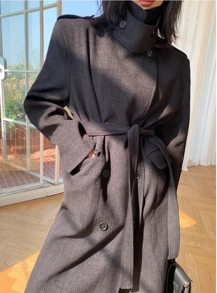 WANXO coffee color stand collar corduroy coat new loose medium and long woolen coat- Sala