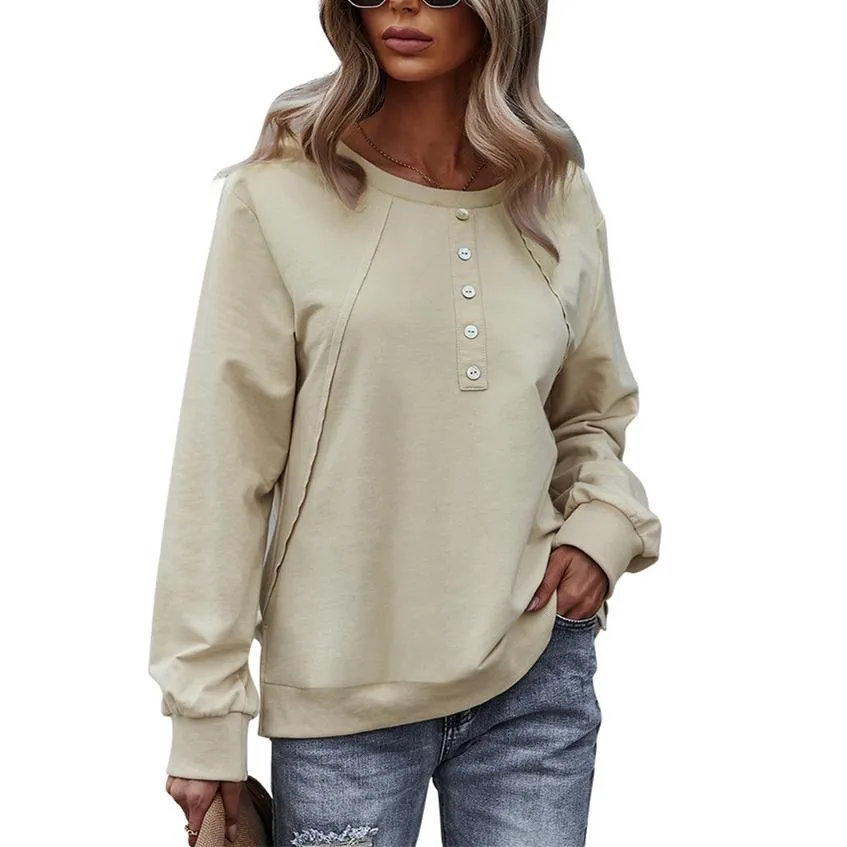 Women solid color long sleeve button pullover crewneck sweatshirt