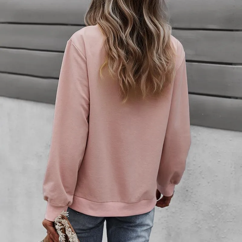 Women solid color long sleeve button pullover crewneck sweatshirt