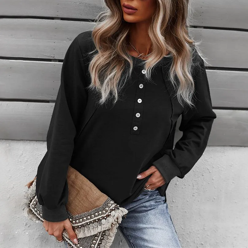 Women solid color long sleeve button pullover crewneck sweatshirt