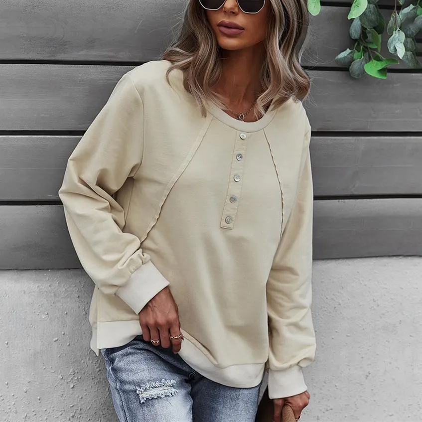 Women solid color long sleeve button pullover crewneck sweatshirt