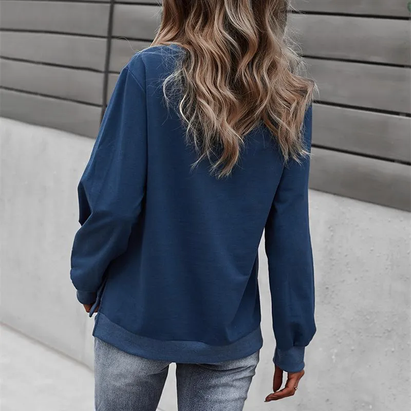 Women solid color long sleeve button pullover crewneck sweatshirt