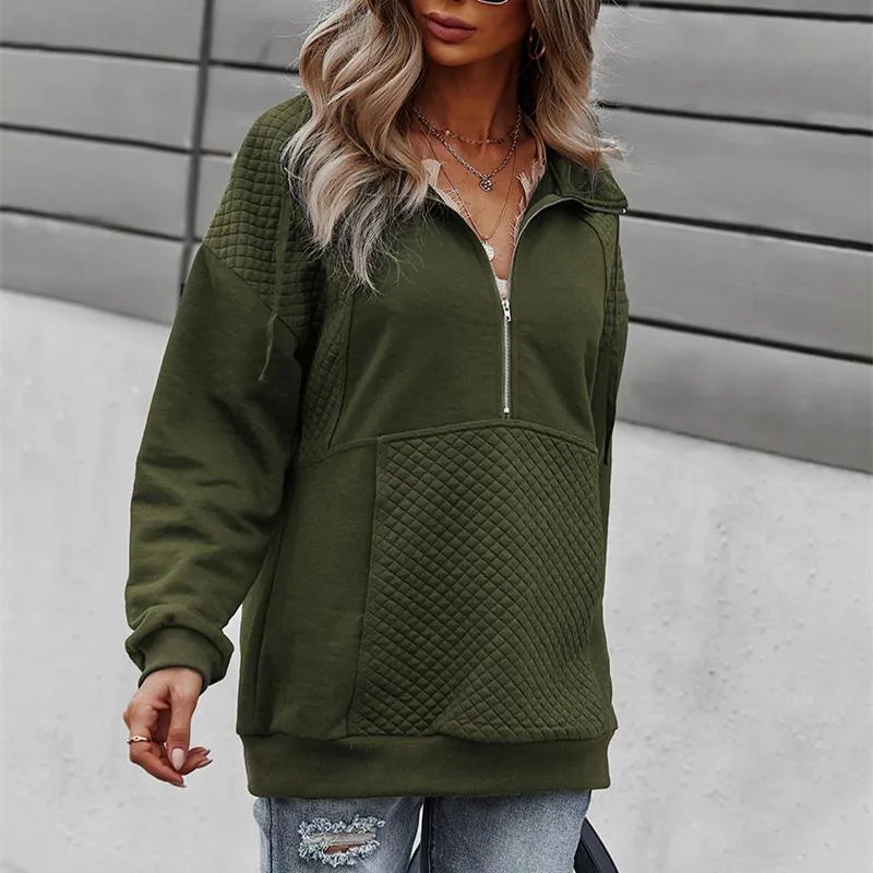 Women solid color sweatshirt half zip pullover with plaid pocket