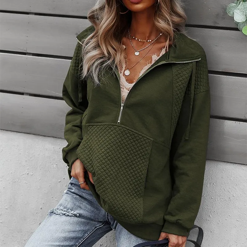 Women solid color sweatshirt half zip pullover with plaid pocket