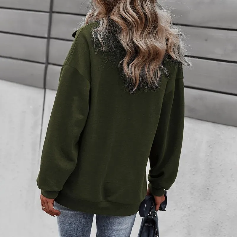 Women solid color sweatshirt half zip pullover with plaid pocket