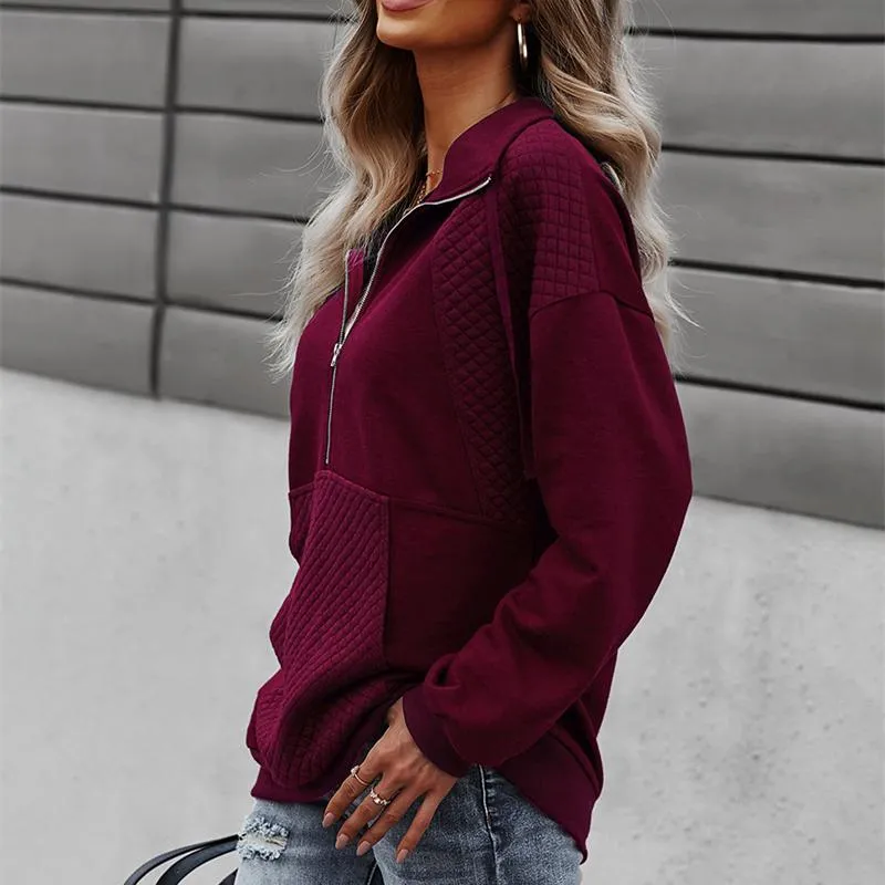 Women solid color sweatshirt half zip pullover with plaid pocket