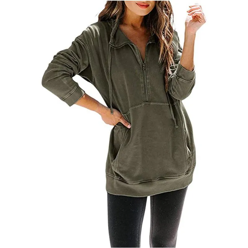 Women solid color sweatshirt half zip pullovers with pocket