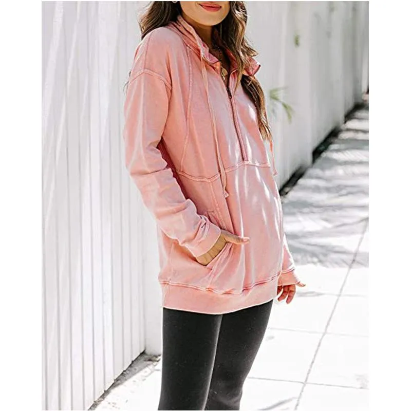 Women solid color sweatshirt half zip pullovers with pocket