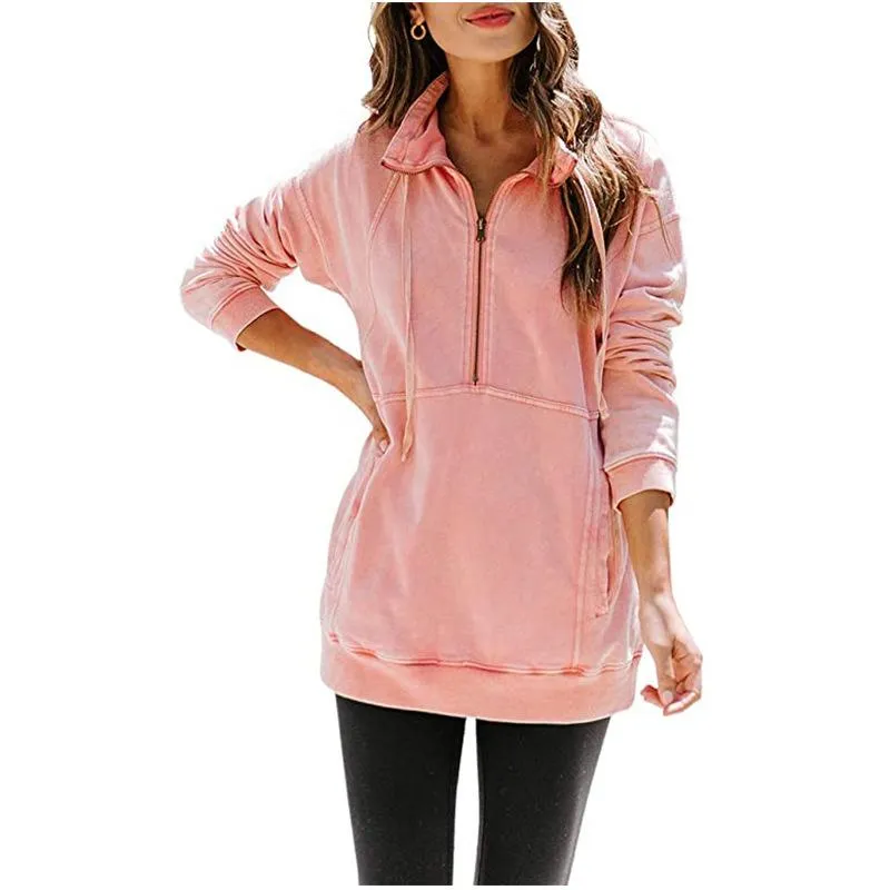 Women solid color sweatshirt half zip pullovers with pocket