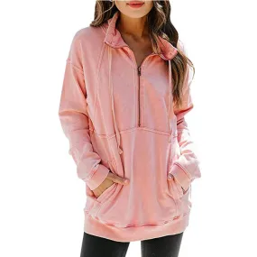 Women solid color sweatshirt half zip pullovers with pocket